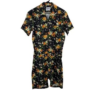 RomperJack Romper Mens Medium Black Floral Print Short Sleeve Summer Festival